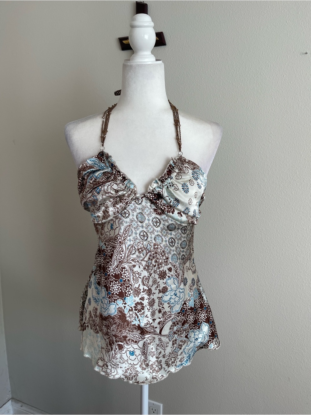 mandee Brown and Light Blue Floral Halter Camisole